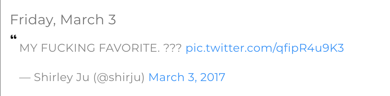 Twitter comment by Shirley Ju that reads "My Fucking Favorite???" posted on March 3, 2017